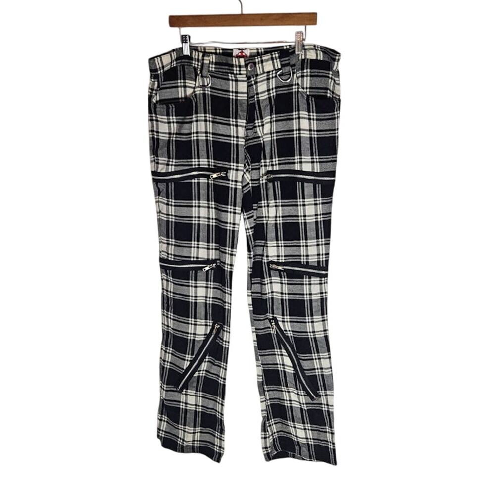 Vintage Goth British Punk Black Pistol Tartan Pants Women 38 18 plaid Zippers